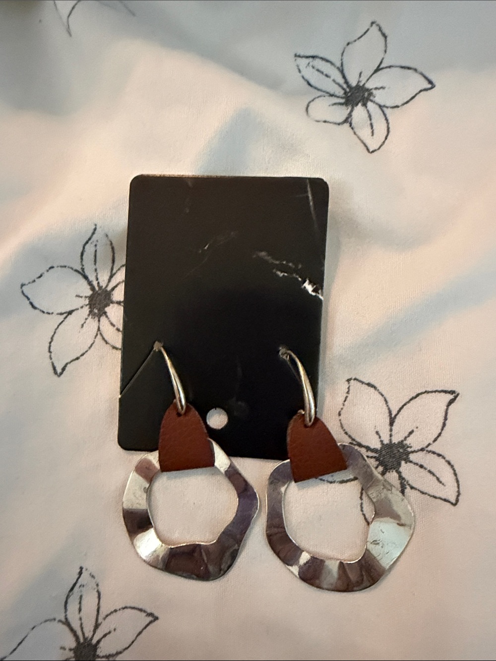 Leather Accent Silver Hoop Dangle Earrings - Brown